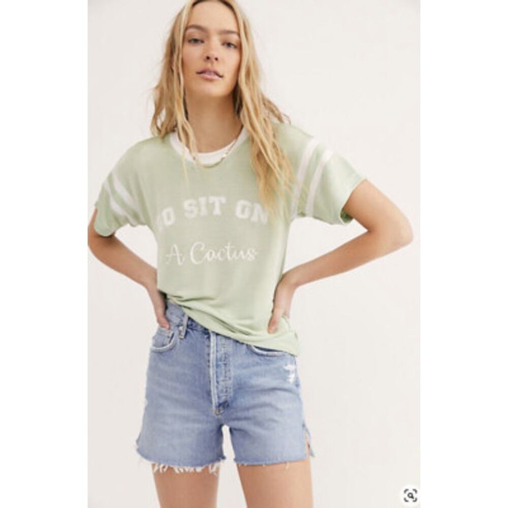 Free People x Understated Leather Tee NWT Sz S Green Sit on a Cactus Ringer Top